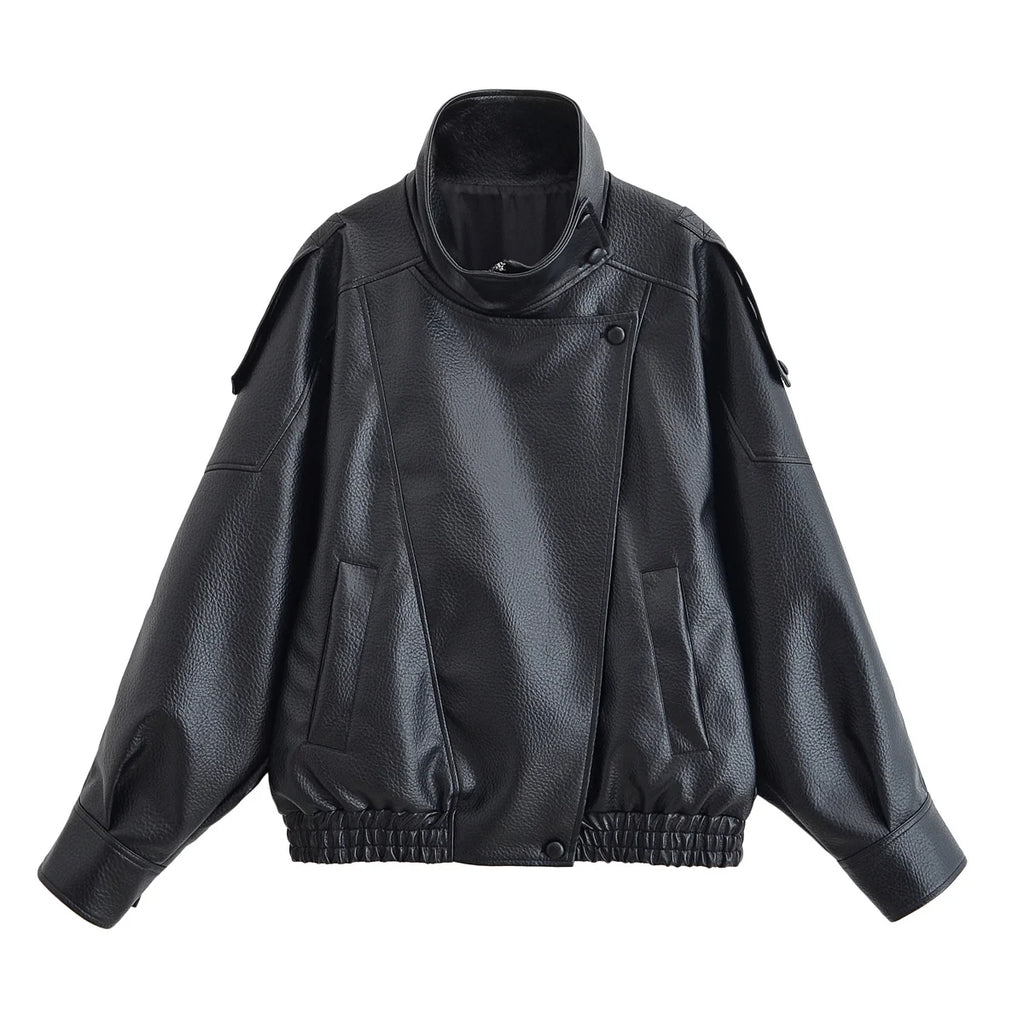 Women Autumn Fashion Jackets/ Asymmetric Button Pocket/ Long Sleeves/ Black Loose Zipper Jackets Female High Street Coats