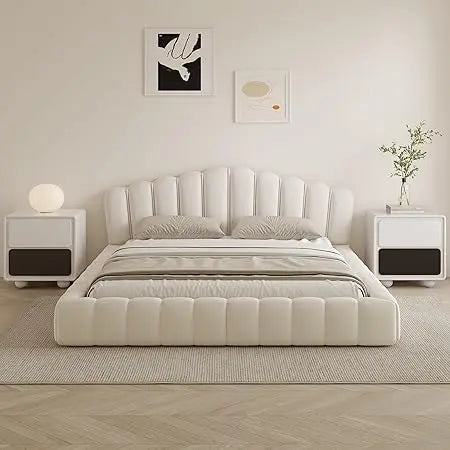 Queen Size Velvet Platform Bed Frame with Shell Headboard and All-Around Cushioning