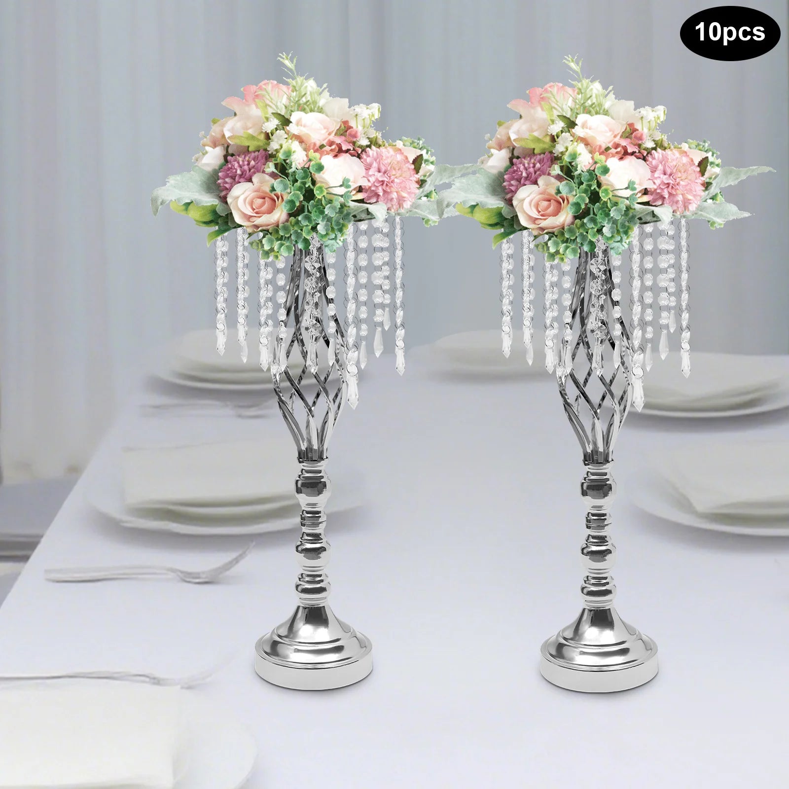 10 Pcs Crystal Flower Stand, Wedding Party Decor Flower Arrangement Stand，21.7in/55cm Tall Elegant Tabletop/Metal Flower Vase