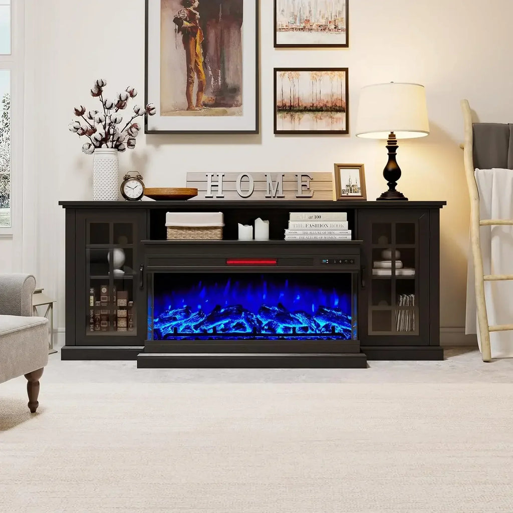 75" Fireplace TV Stand with 3-Sided Glass Electric Fireplace, Media Entertainment Center , TVs up to 85", Black