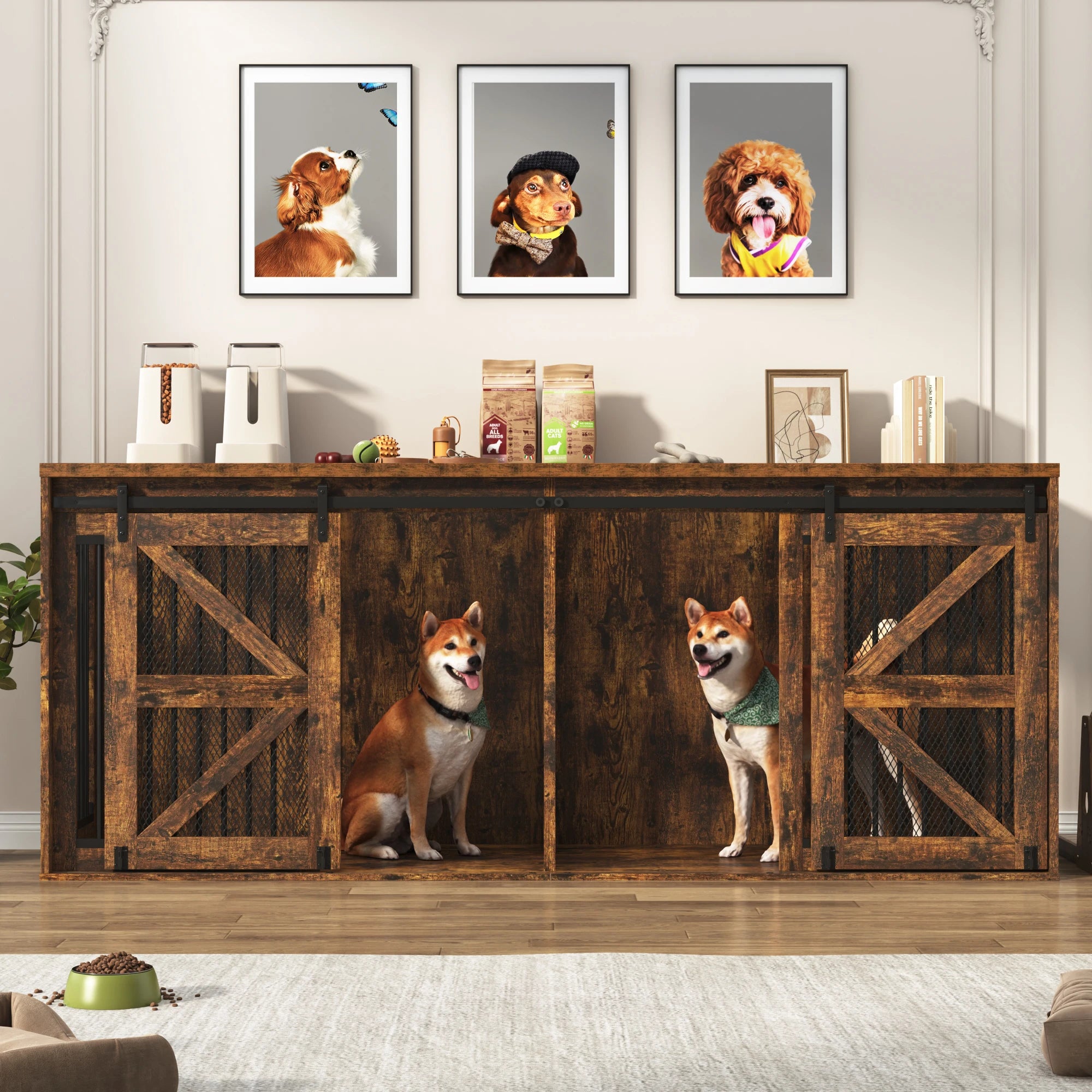 Farmhouse Dog Crate TV Stand, Wooden Dog Kennel Furniture with Sliding Metal Mesh Barn Door, 87'' Large Dog Crate Furniture