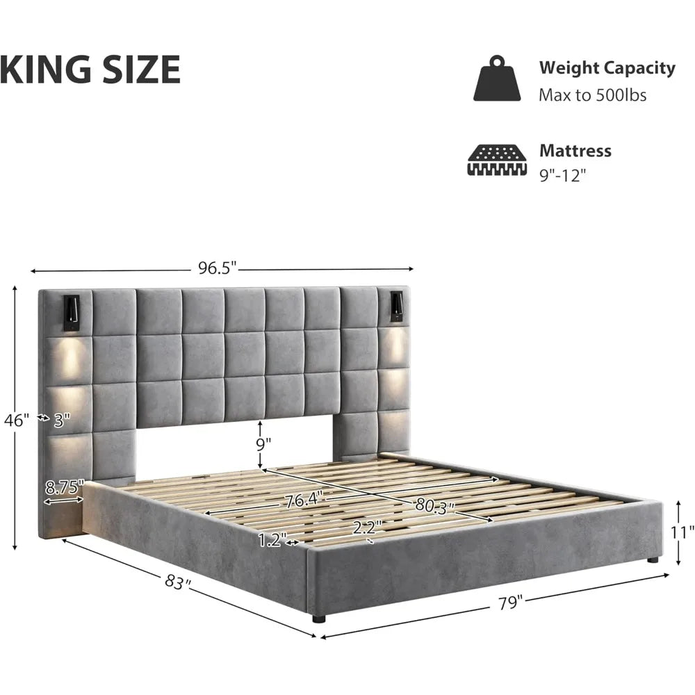 King-Size Upholstered Bed with Reading Light and USB Charging, Velvet Headboard, Grey (No Side Tables or Mattress Included)