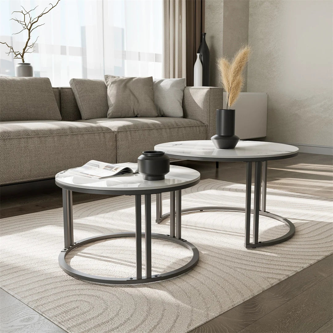 Set of 2 Round Living Room Nesting Table Anti-Rust Outdoor Stacking Center Coffee Table, Small Space Friendly
