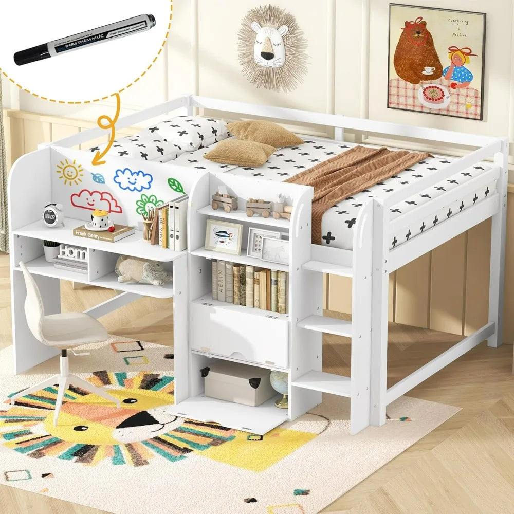 Modern Farmhouse Style Kids' Full Size Loft Bed with Desk, Storage, and Bookcase