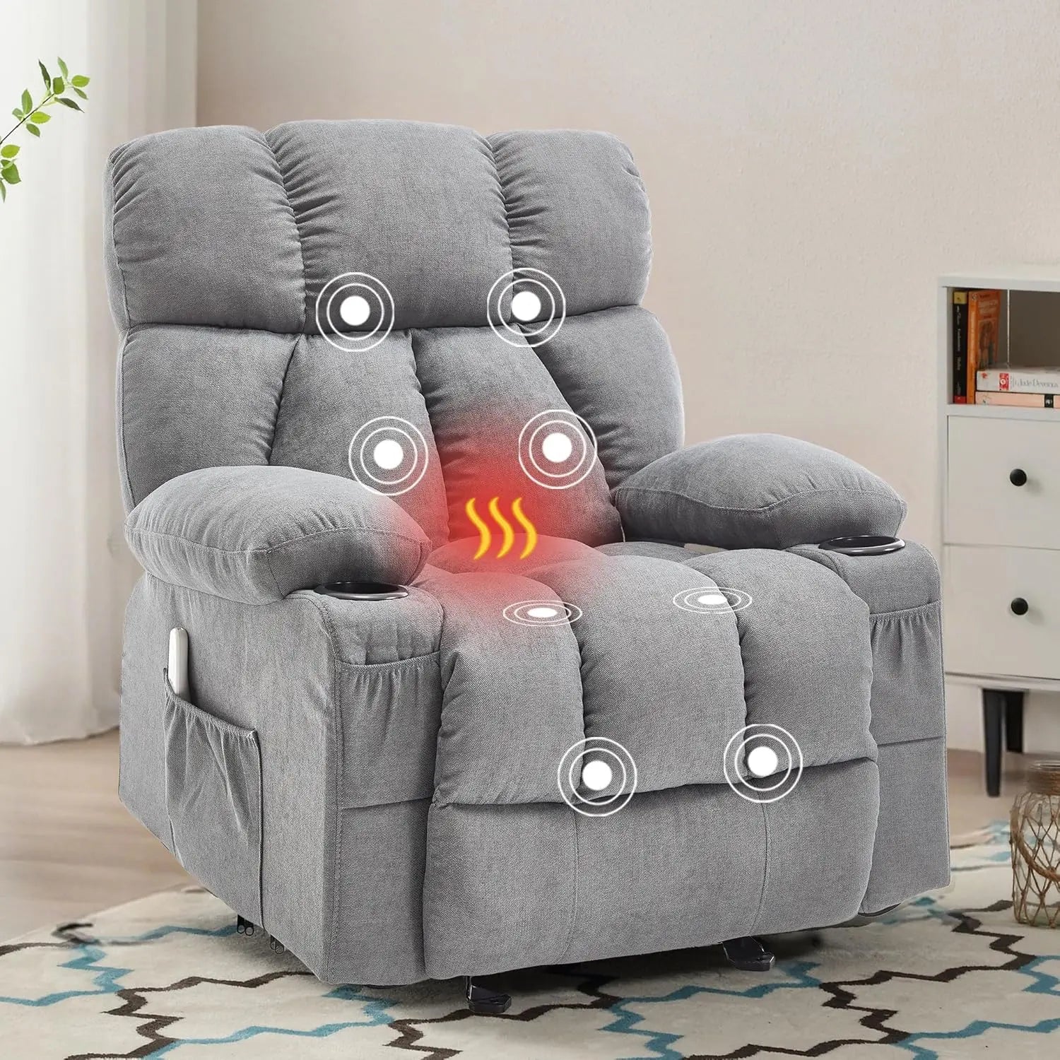 Massage Recliner Chair with Heat Vibration, Rocking Ergonomic Overstuffed Lounge, USB Port, Grey