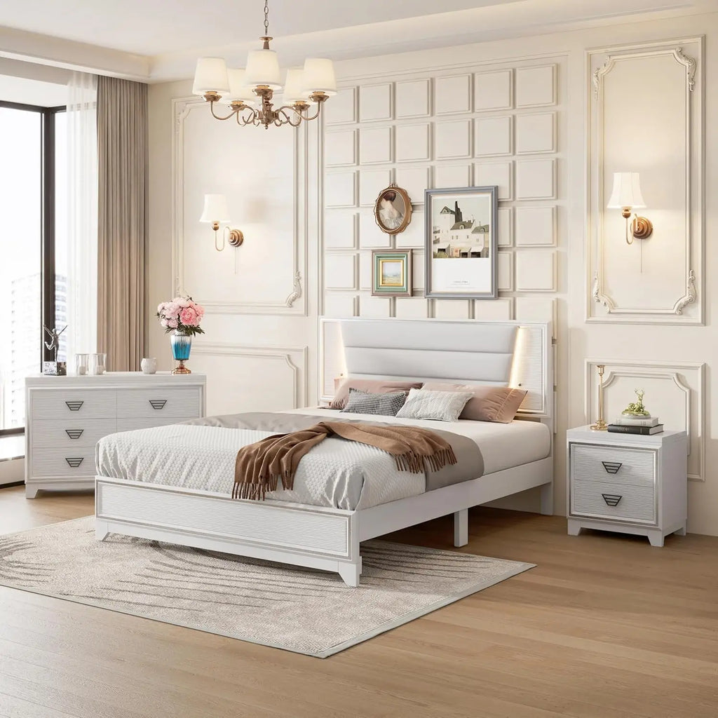 3 Pieces Bedroom Set Queen Size Upholstered Bed with LED Lights, Nightstands, White
