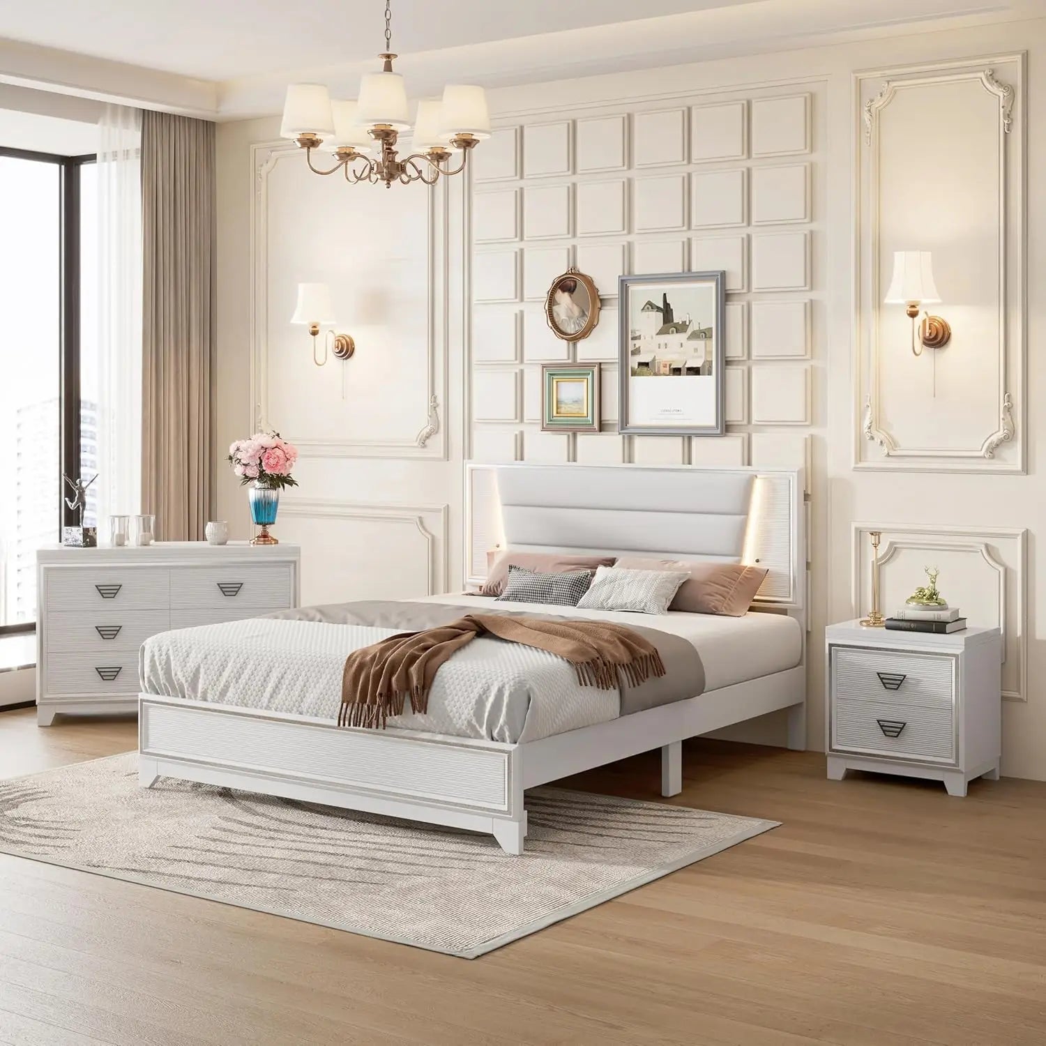 3 Pieces Bedroom Set Queen Size Upholstered Bed with LED Lights, Nightstands, White