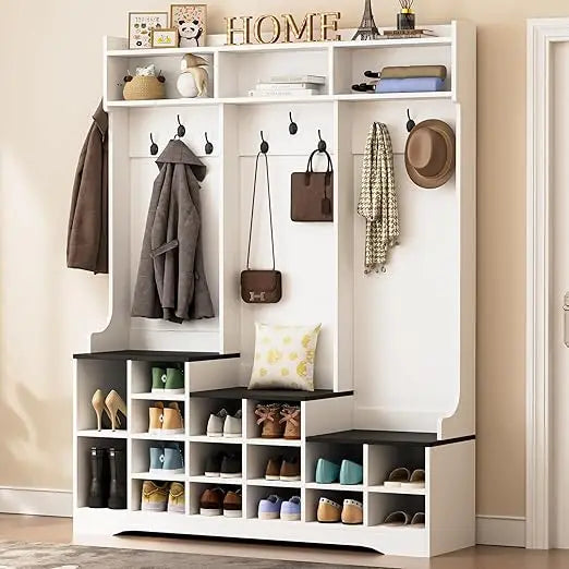 Farmhouse Style 77 Entryway Bench with Shoe Storage and Coat Rack, Featuring 16 Shoe Cubbies and 10 Hooks, Dimensions 15.8 Depth