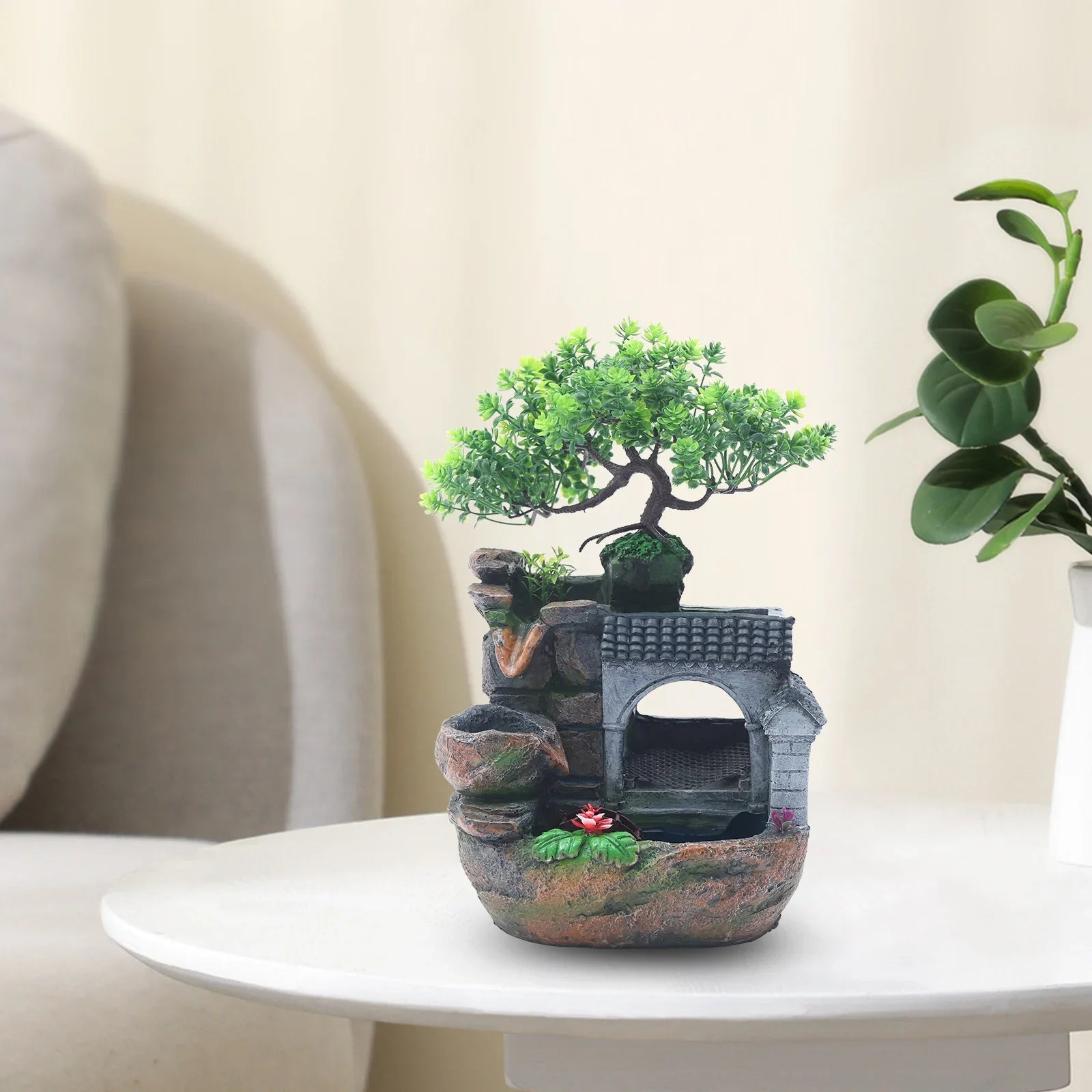 11" Desktop Fountain Rock Waterfall Humidifier with LED Light, Tabletop Water Fountains/ Indoor Fake Plant Bonsai Tree