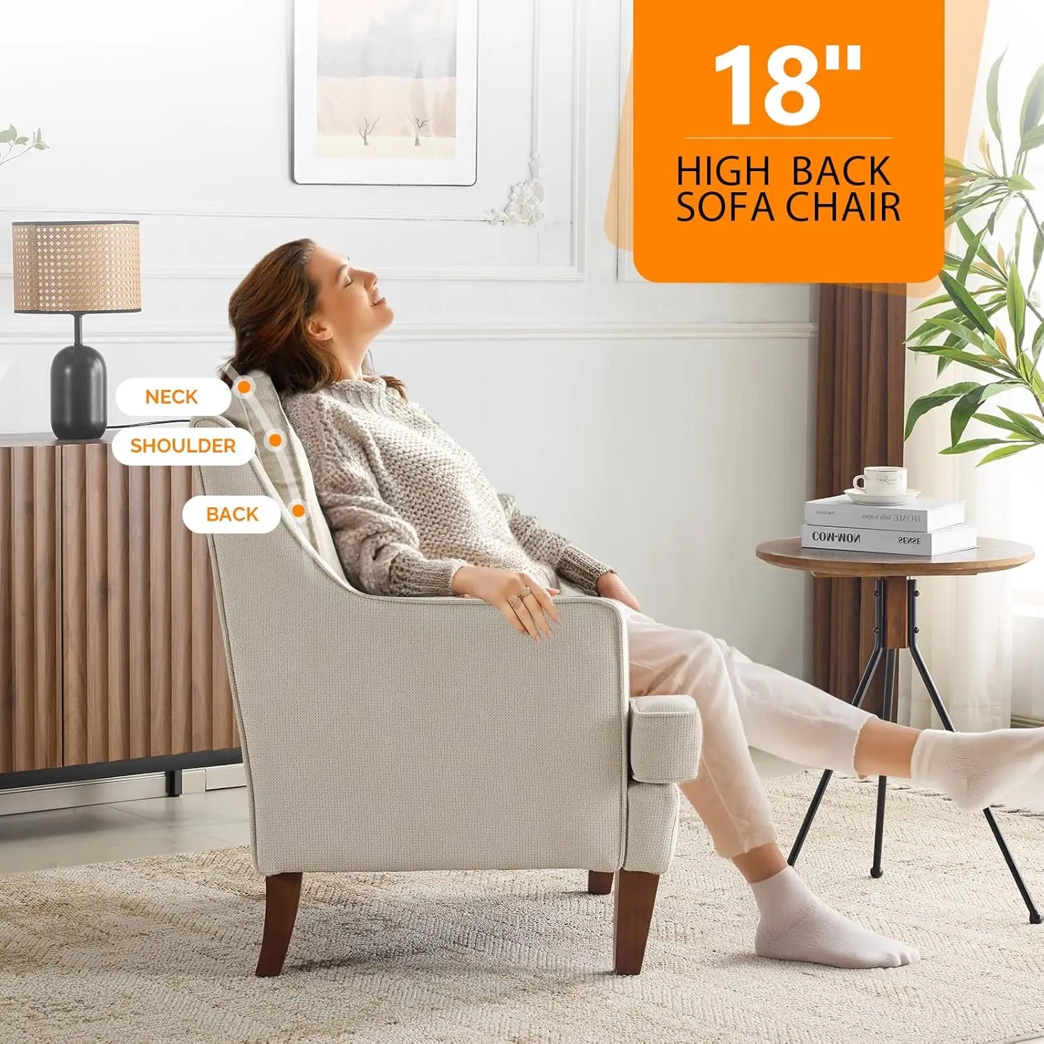 Mid-Century Accent Chairs Set Of 2, Beige Upholstered Armchair Comfy Sofa Chairs for Reading, Chairs have High Backs
