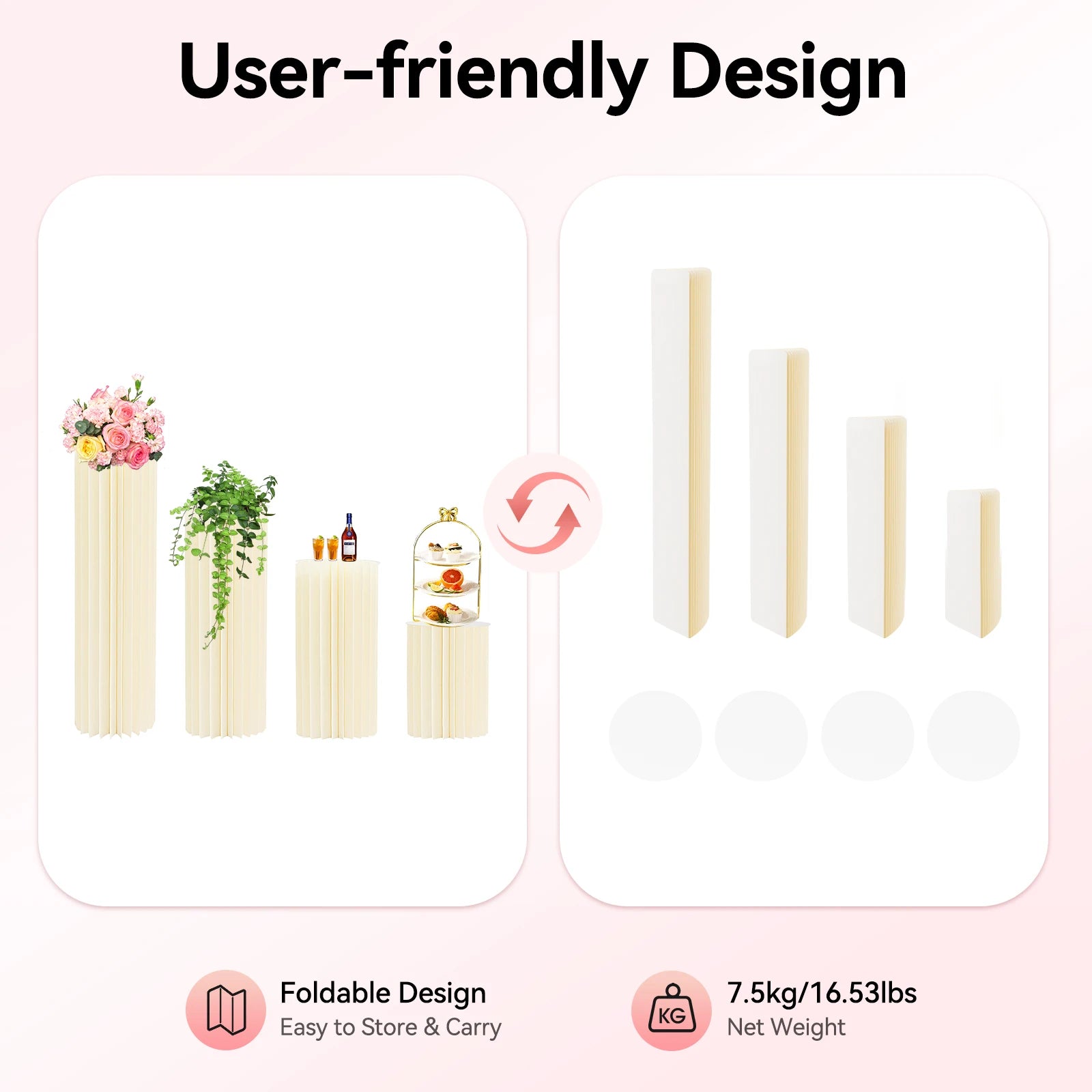 4 Pieces Wedding Flowers Stand Foldable Cardboard Cylinder Centerpiece Display Vase 40/60/80/100cm for Wedding Party/ Garden Decoration