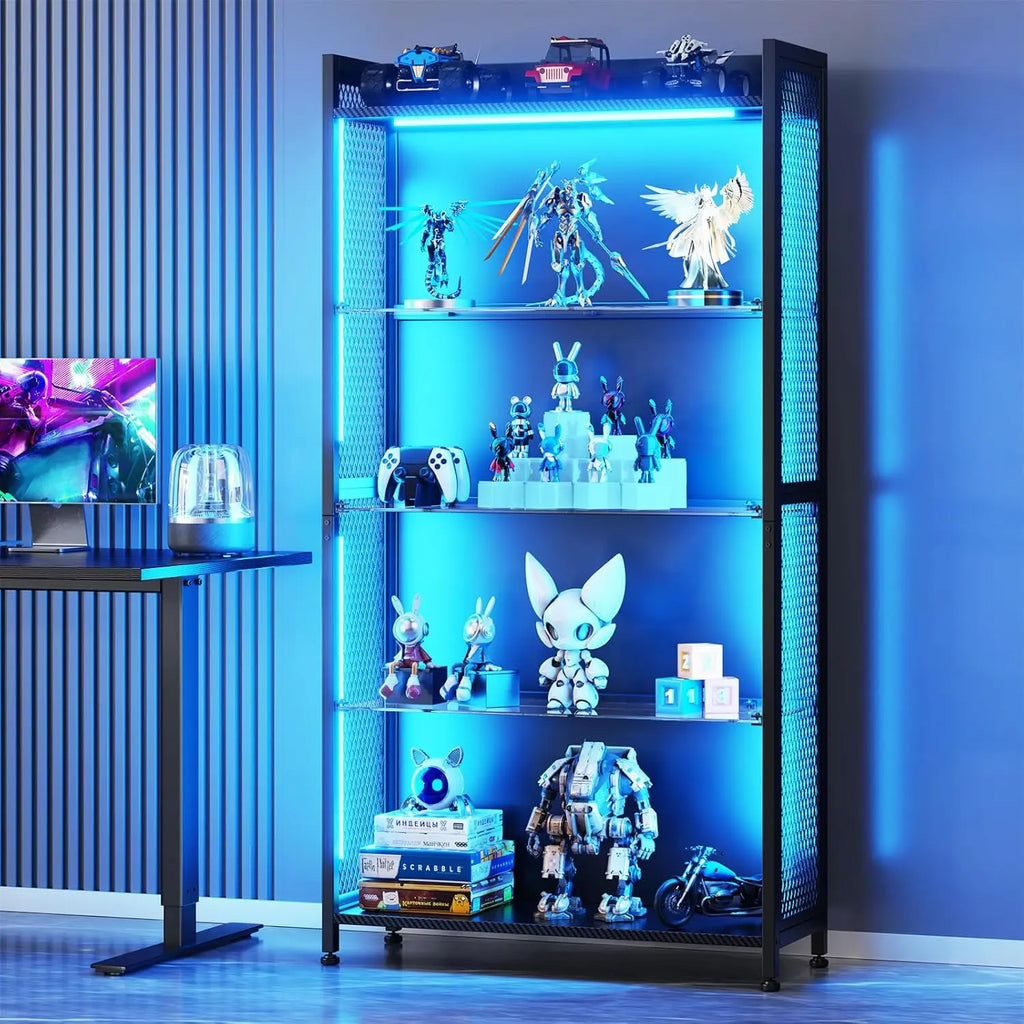 LED Display Cabinet with Glass Shelves, 5-Tier RGB Lighting Curio Case for Collectibles Storage