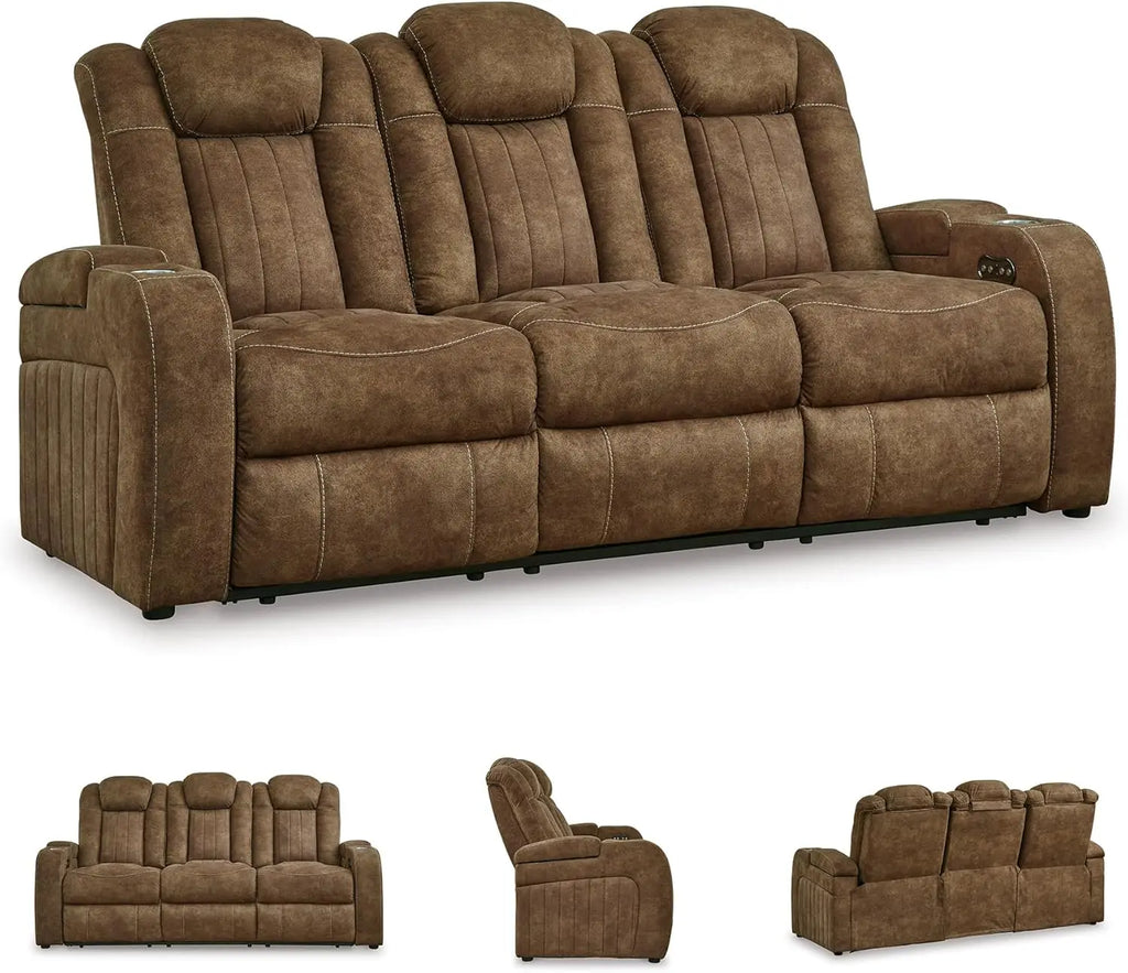 Contemporary Faux Leather Power Reclining Sofa with Drop Down Table, LED Lights, Electrical Outlet, Wireless Charging