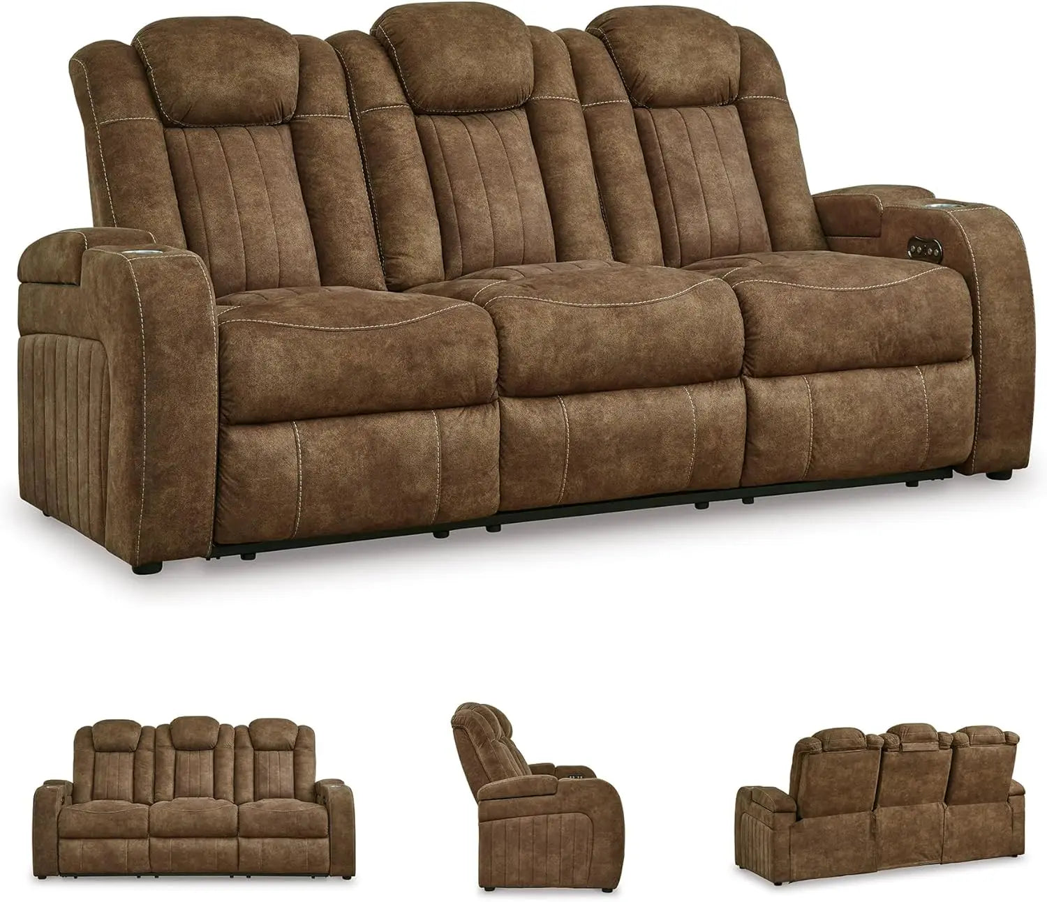 Contemporary Faux Leather Power Reclining Sofa with Drop Down Table, LED Lights, Electrical Outlet, Wireless Charging