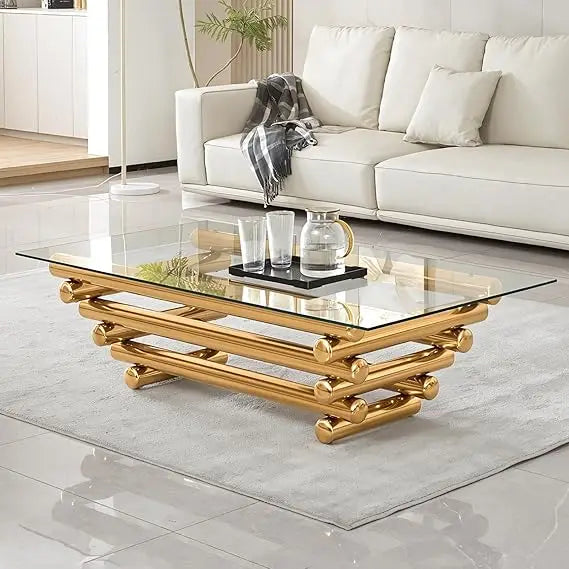 55" Glass Coffee Table, Modern Gold Coffee Table for Living Room, Rectangular Tempered Glass Top with Stainless Steel Legs