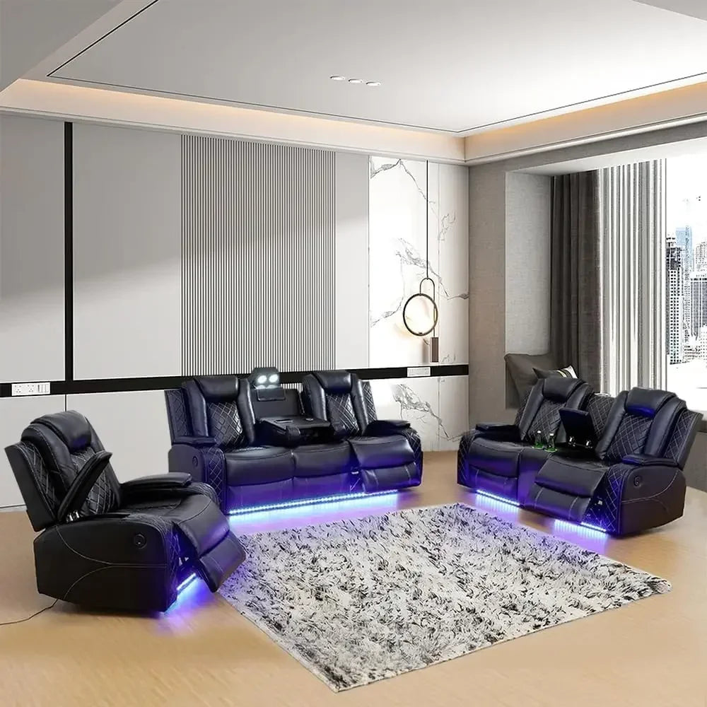 Multifunction Power Air Leather Recliner Sofa Set with LED Lights, Living Room Furniture, Reclining Sofa, Loveseat, Chair