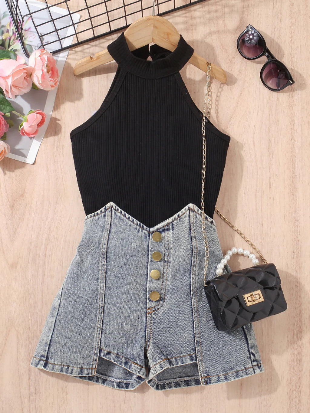 Toddler Girl Fashion Outfits, Solid Color Tank Top & Faux Denim Short Set, Girl Summer/ Spring Outdoor Clothes 2-7T