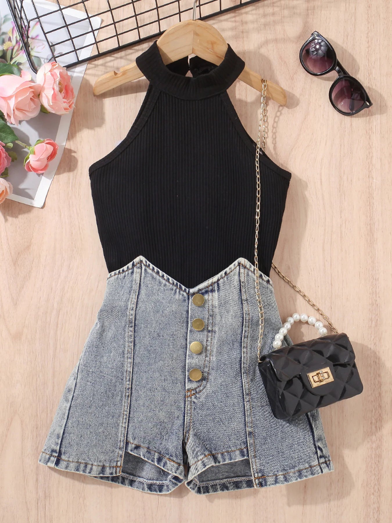 Toddler Girl Fashion Outfits, Solid Color Tank Top & Faux Denim Short Set, Girl Summer/ Spring Outdoor Clothes 2-7T