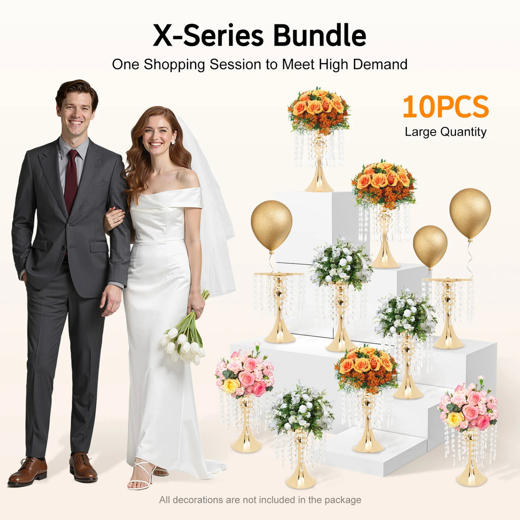 10Pcs Gold Electroplated Iron Acrylic Imitation Crystal Flower Stand Tabletop Floral Holder For Wedding Venue/ Balcony /Photo Studio Decor