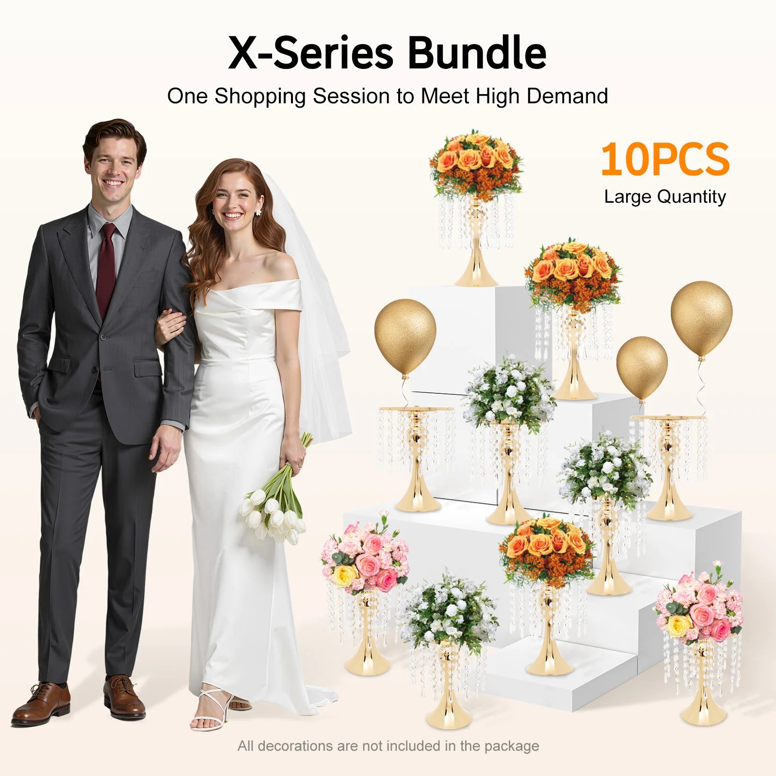 10Pcs Gold Electroplated Iron Acrylic Imitation Crystal Flower Stand Tabletop Floral Holder For Wedding Venue/ Balcony /Photo Studio Decor