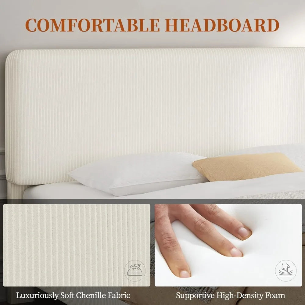 Twin Bed Frames with Adjustable Headboard, Chenille Fabric Upholstered Headboard/Platform Bed, Twin Size Bed Frame