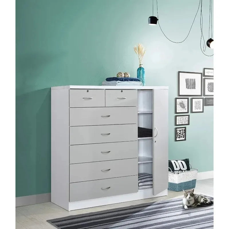 7-Drawer Large Chest with 5 Big Drawers, 2 Small Drawers, Locks, Hanging Rod, and 3 Shelves in Grey-White