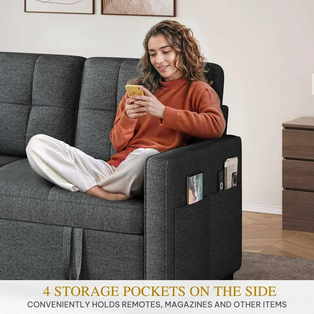 55" Convertible Sofa Bed, 3-in-1 Sleeper Sofa with Pull-Out Bed, Linen Futon Couch with Adjustable Backrest/Side Pocket