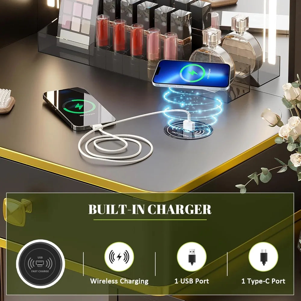 Luminated Makeup Vanity Desk with 3-Color LED Lights, Charging Port, 5 Drawers, and Storage Shelves