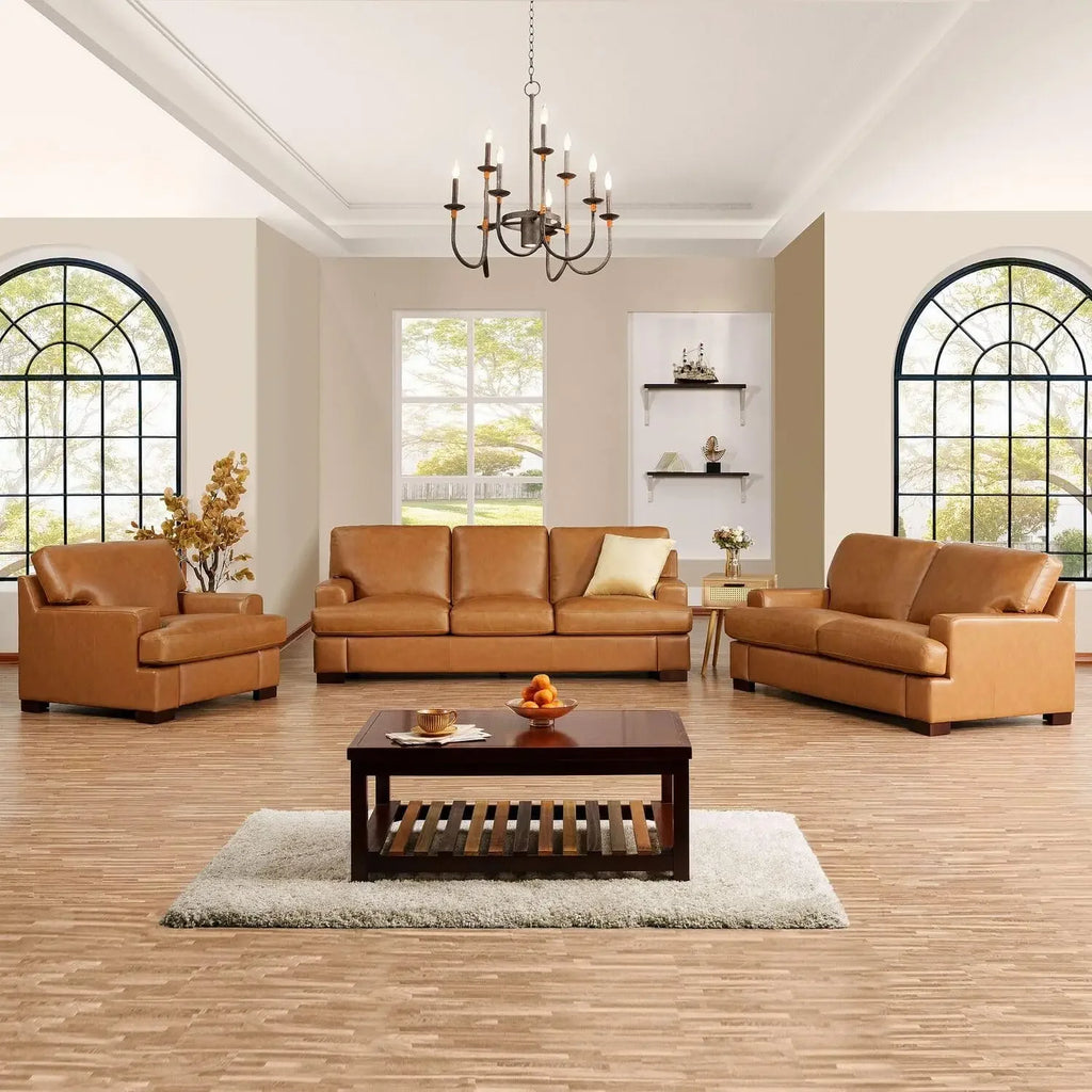 Genuine Leather Sofa - Set of 3 Luxurious Comfort, Goose Feather Cushion Filling, Square Arm Design, Sturdy Block