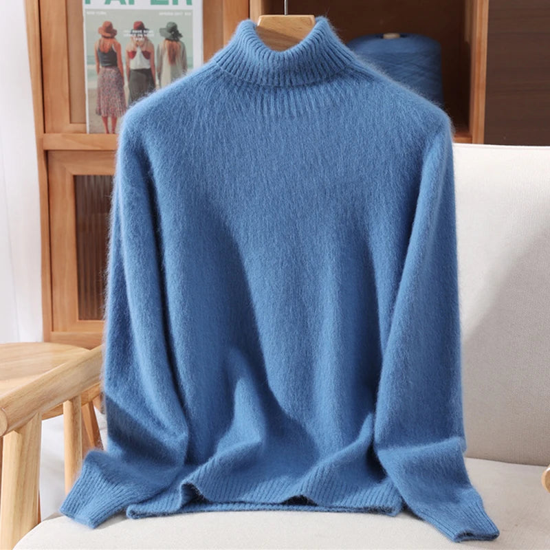 Autumn And Winter 100% Mink Cashmere Sweater, Ladies' High Lapel Solid Color Padded Pullover Wool Knitted Bottoming Shirt