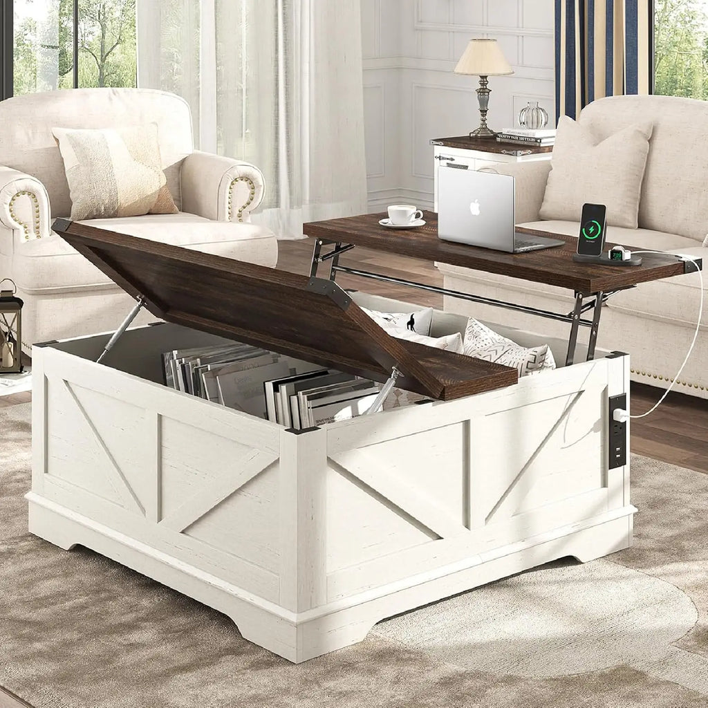 40” Large Farmhouse Lift Top Coffee Table with Power Outlets and Large Hidden Storage, Square Wood Living/Room Tables