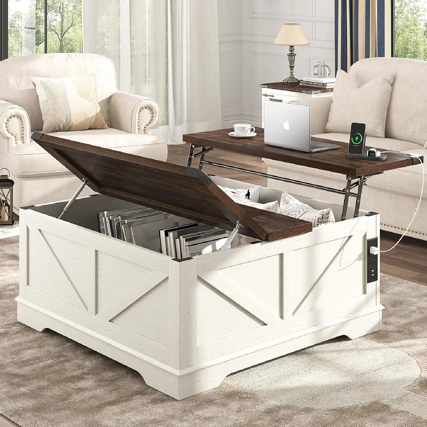 40” Large Farmhouse Lift Top Coffee Table with Power Outlets and Large Hidden Storage, Square Wood Living/Room Tables