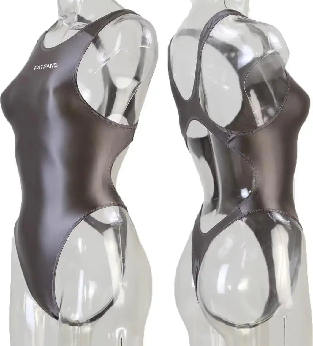 FATFANS  One Piece Leotard Women's Oil Glossy High Fork T-String Bodysuit Solid Color Dead Pool Water Day Sexy Tight Swimsuit