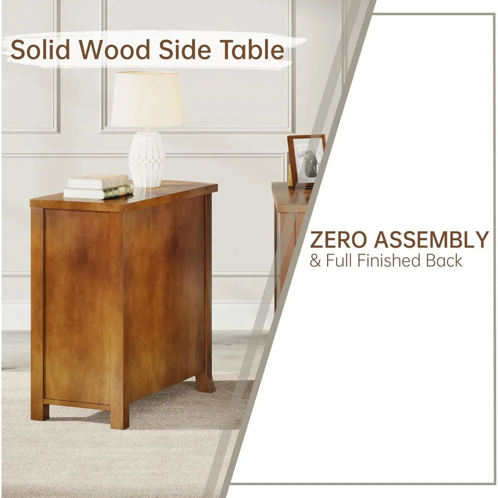 Solid Wood End Table, 3-Drawer Narrow Side Table Slim Chair Table for Living Room, Sofa Table with Drawers, Small Nightstand