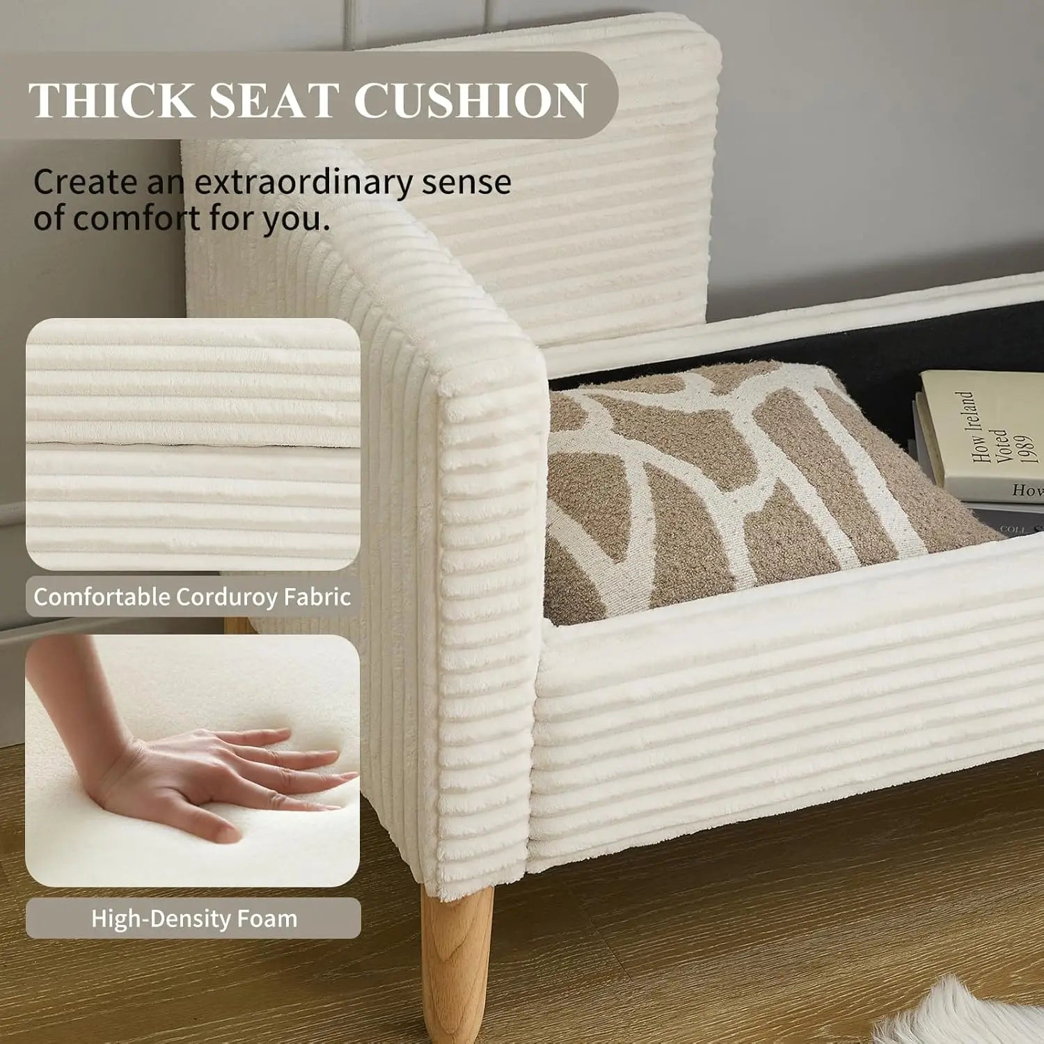 65" Large Storage Ottoman Bench with 2 Pillows, Corduroy Upholstered Entryway Bench