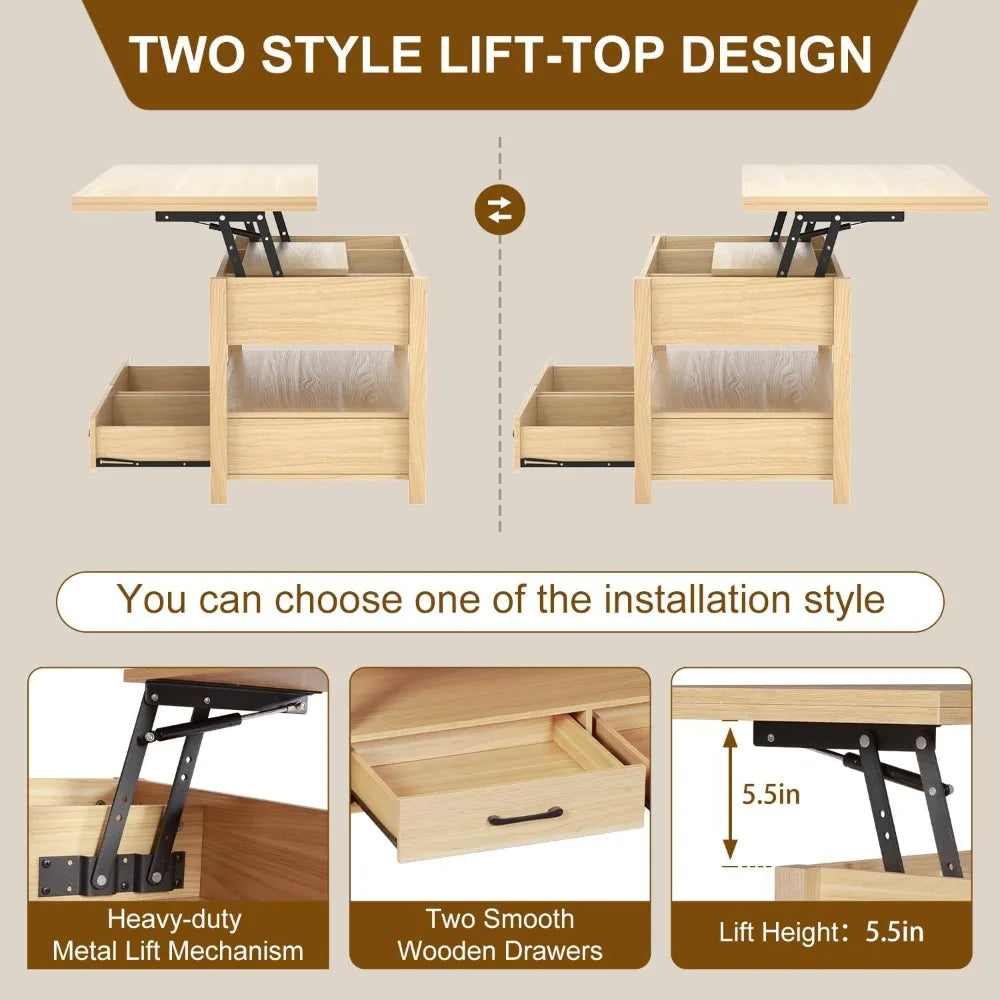 42'' Lift Top Coffee Table, 4-in-1 Multifunctional Lift Coffee Table with Storage & Hidden Compartments, Farmhouse Coffe Table
