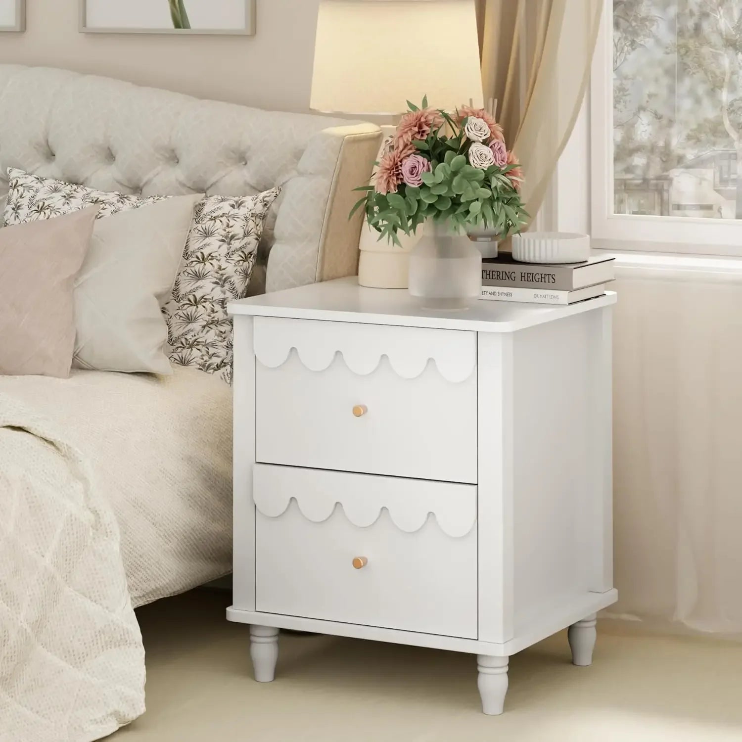 Nightstand Side End Table with 2 Drawers, Modern Wood with Petal Pattern for Bedroom