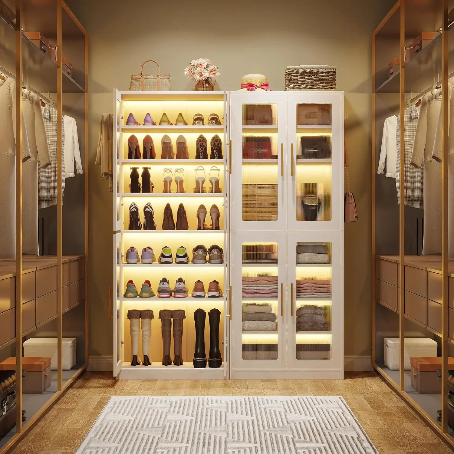 Tall Shoe Storage Cabinet with Acrylic Doors and LED Lights, 8-Tier Entryway Shoe Organizer Rack with Adjustable Shelves