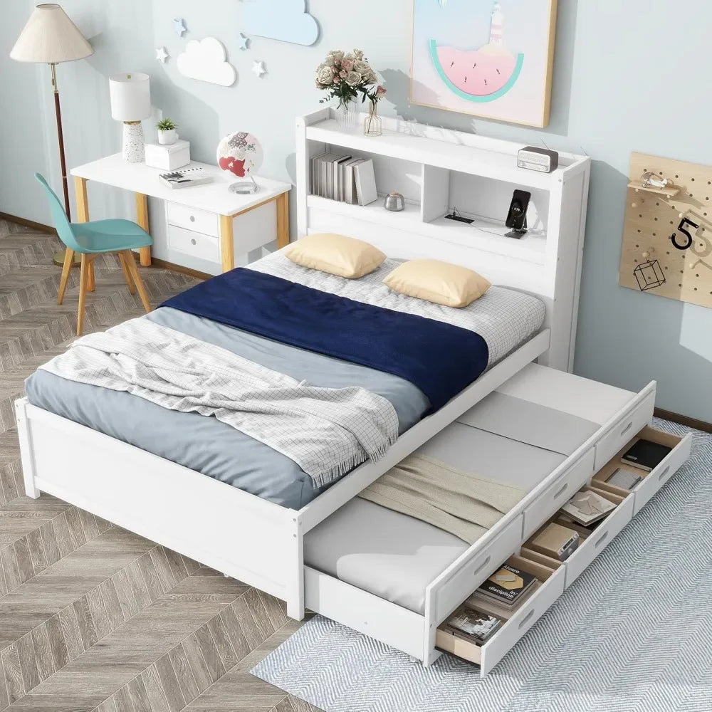 Full Size Platform Bed with Trundle, Drawers and Bookcase Headboard with USB Plugs