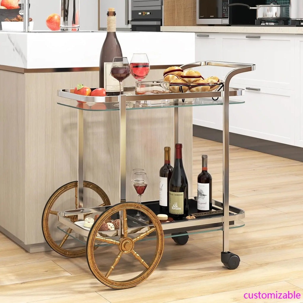 Bar Cart for The Home, 2-Tier Rolling Tempered Glass Serving Cart, 2 Large Gold Aluminum Wheels, Stainless Steel Frame