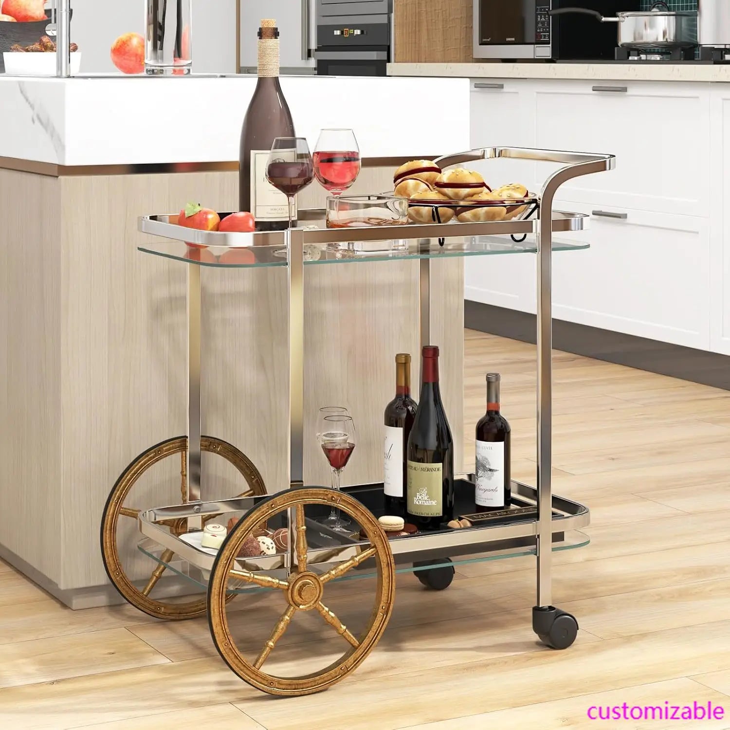 Bar Cart for The Home, 2-Tier Rolling Tempered Glass Serving Cart, 2 Large Gold Aluminum Wheels, Stainless Steel Frame