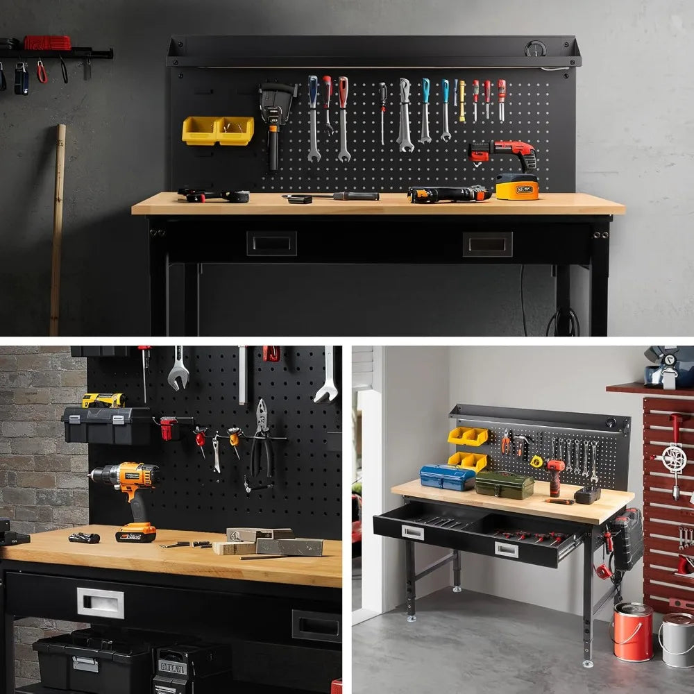 60" Garage Workbench with Storage Drawers, Adjustable Table, Large Pegboard, and Strip Lighting, Supporting 2000 LBS