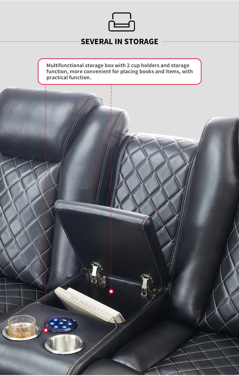 Power Reclining Sofa Couch with Wireless Charger/ 3 Seater Recliner/Reading Light Leather/ Bluetooth Speaker/ Theater Seating LED