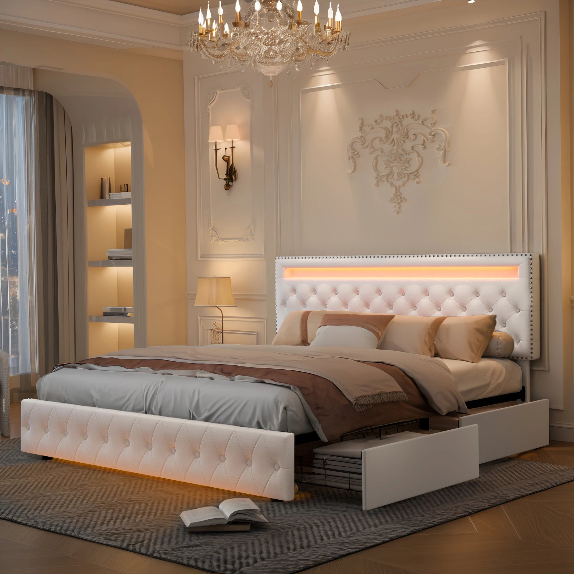 Full Size LED Bed Frame with Storage Drawers, RGBW Lights, Adjustable Headboard, No Box Spring, PU/Velvet Upholstered