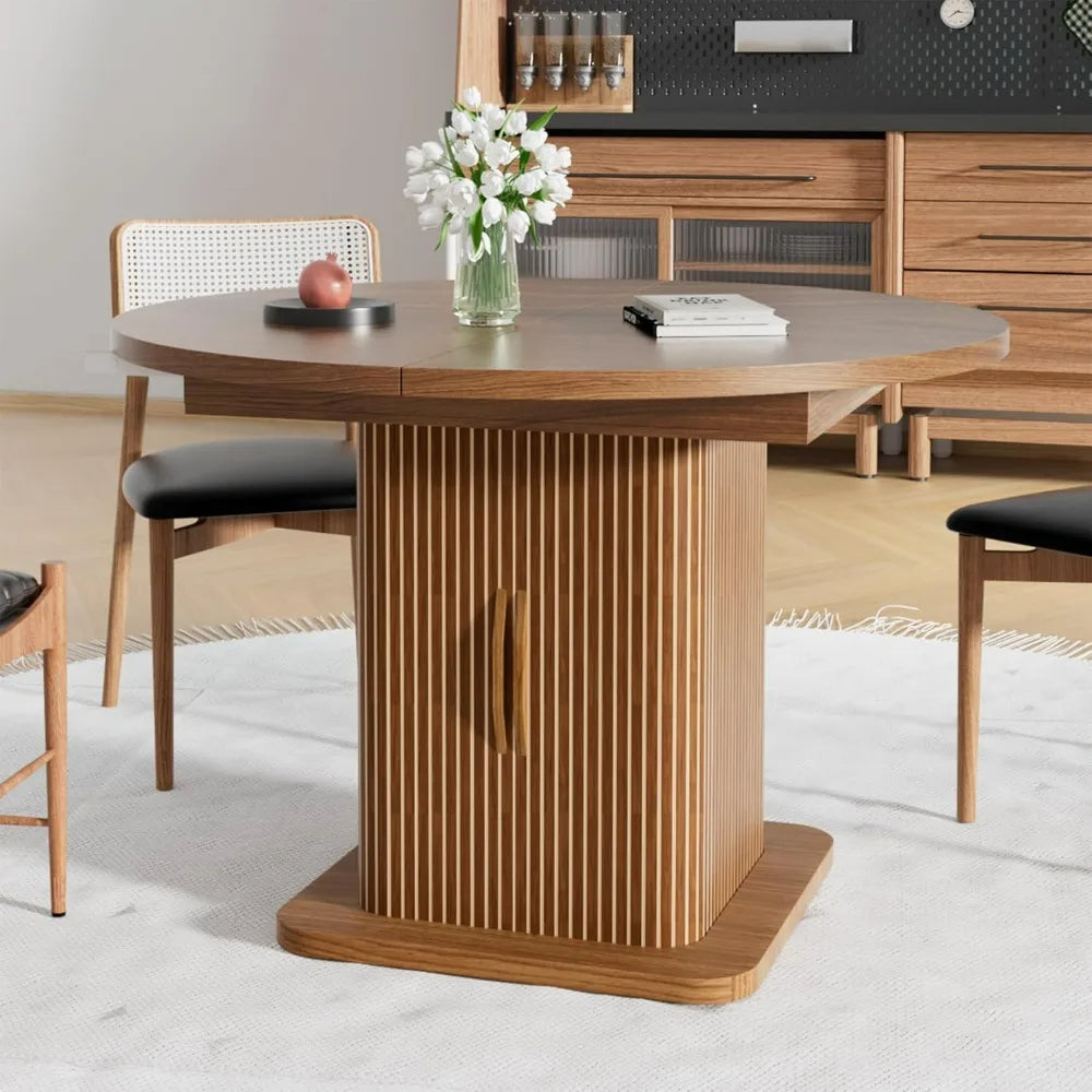 Expandable Oval Dining Table for 4-6-8 People, 59" Kitchen Table with Storage, Wooden Sliding Door, Contemporary Oval Design