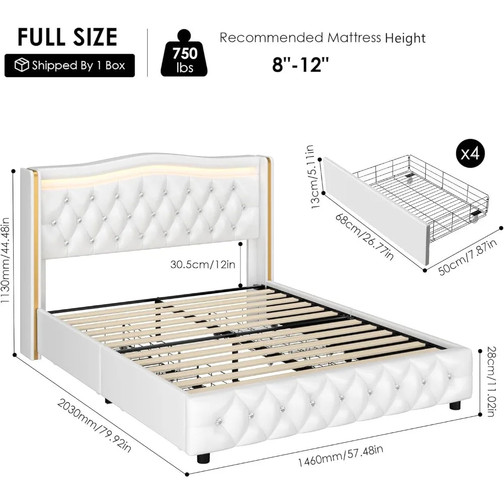 Full Smart LED Platform Bed Frame with 4 Storage Drawers