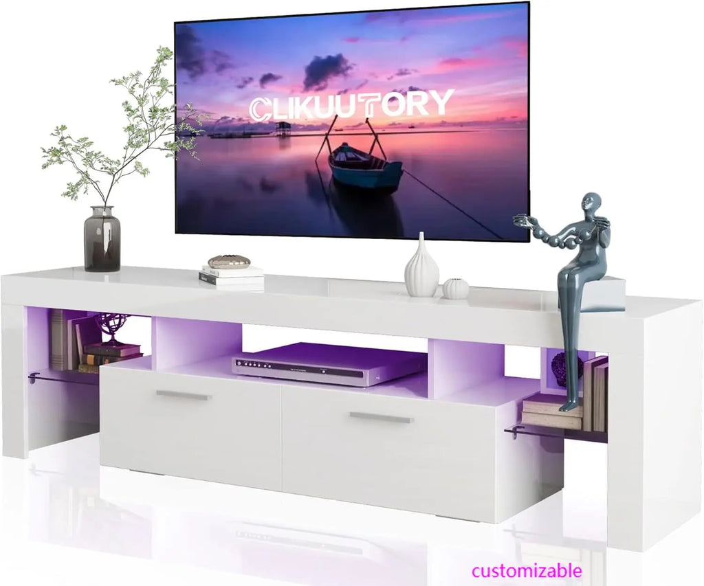 Modern LED 63" Long TV Stand With Large Storage Drawer For 50 55 60 65 70 75" TVs, White Wood TV Console