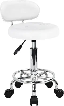 Modern PU Leather Rolling Swivel Chair with Adjustable Height and Footrest for Work, Salon, and Drafting (White)
