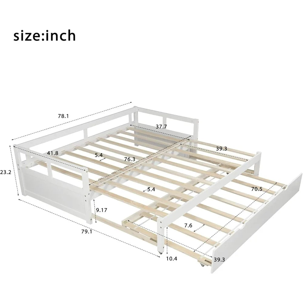 Expandable Daybed with Trundle Drawer, Twin to King Size Conversion, Solid Pine Wood Bed with Slats