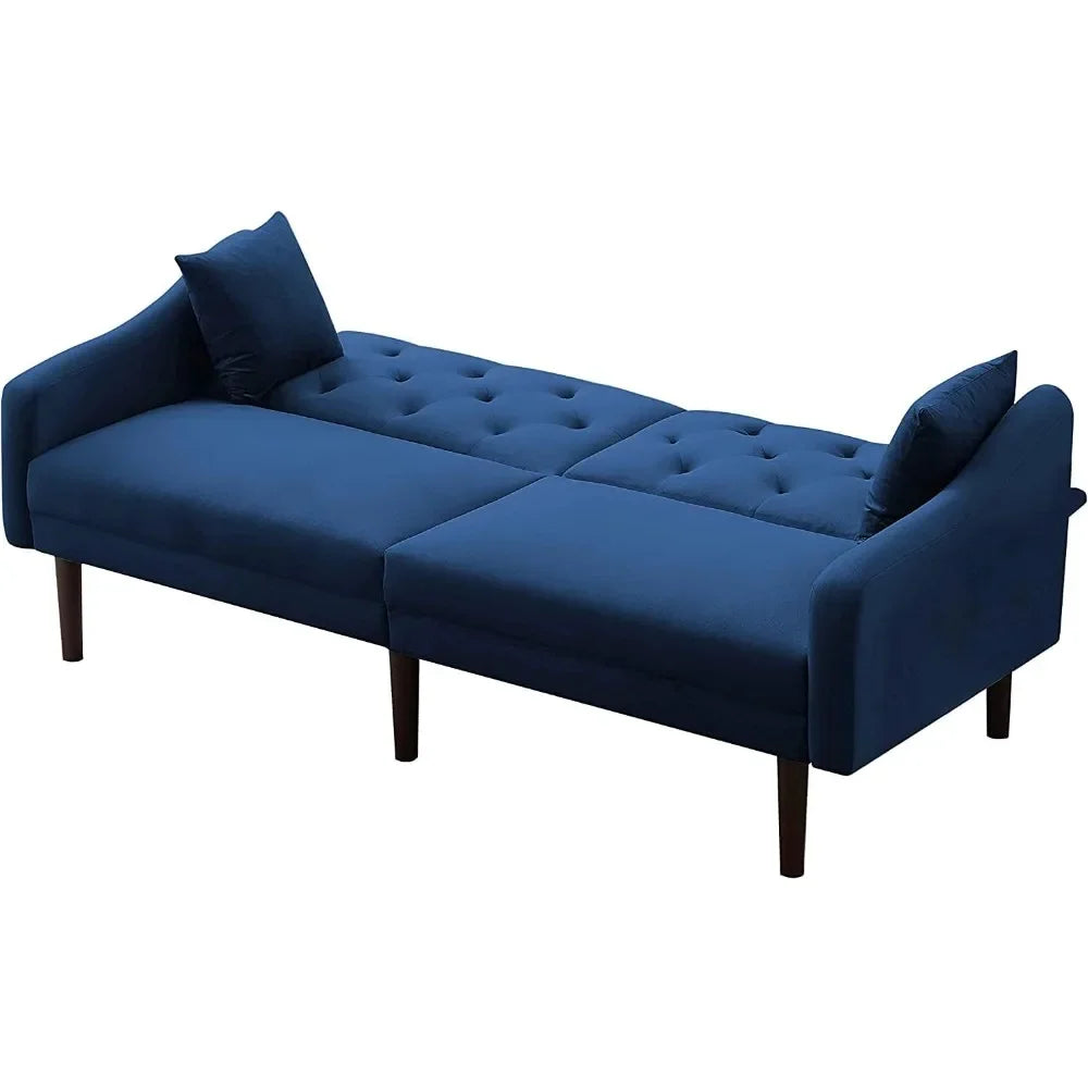 Convertible Futon Sofa Bed & Upholstered Velvet  Folding Sleeper Couch with 2 Pillows & Adjustable Backrest, Living Room Sofa